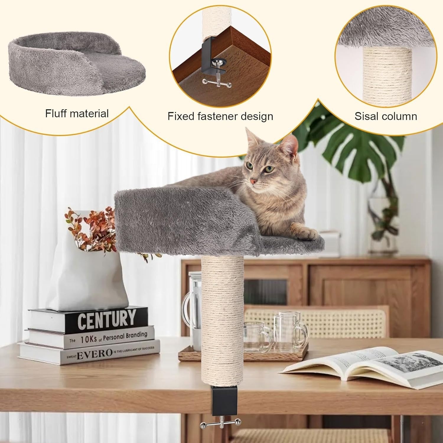 Desk Cat Bed with Scratching Post Plush Cat Hammock Desktop Perch