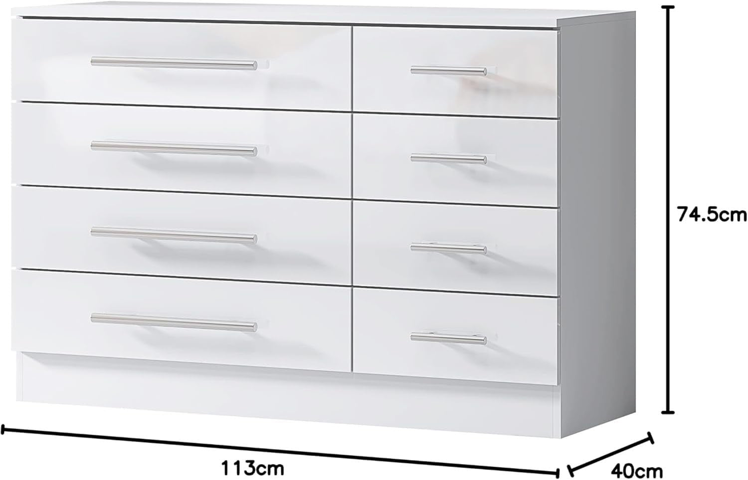 8 Drawer White High Gloss Chest of Drawers Modern Bedroom Storage Cabinet
