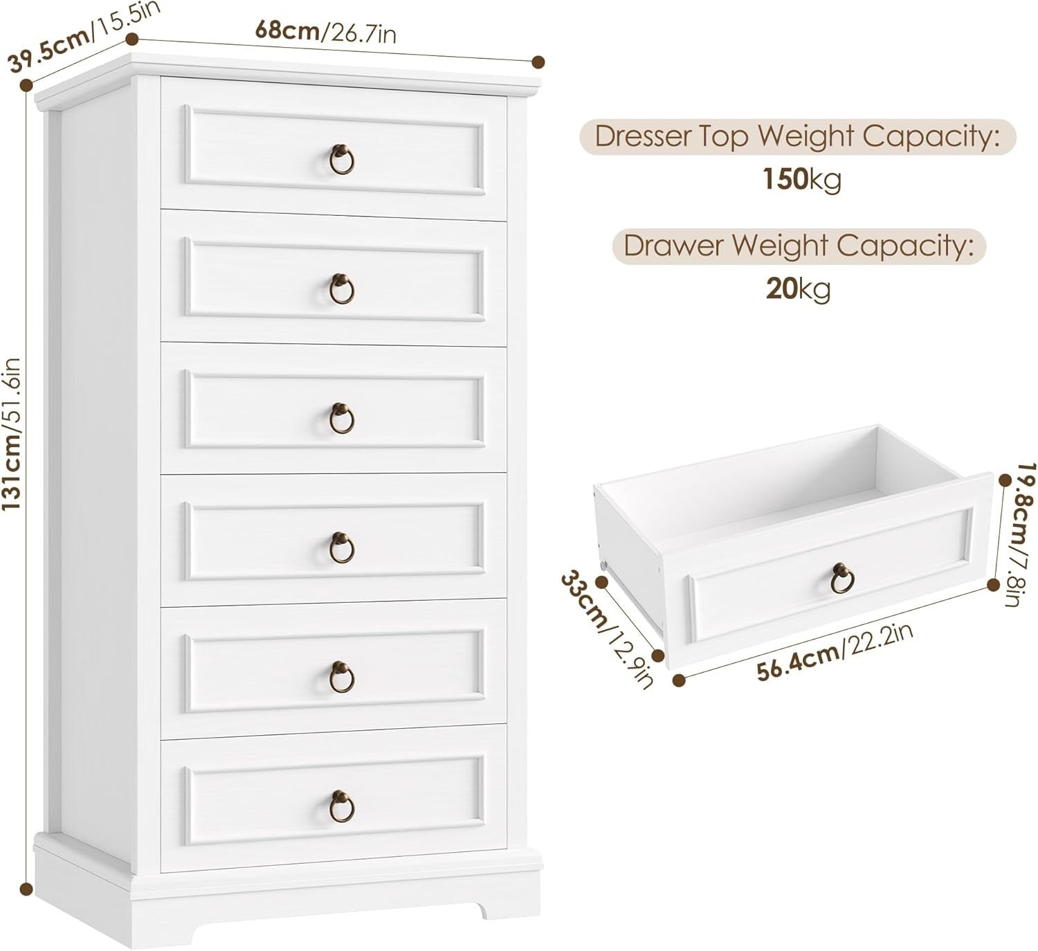 Tall White Chest of Drawers 6 Drawer Storage Cabinet for Bedroom 131cm