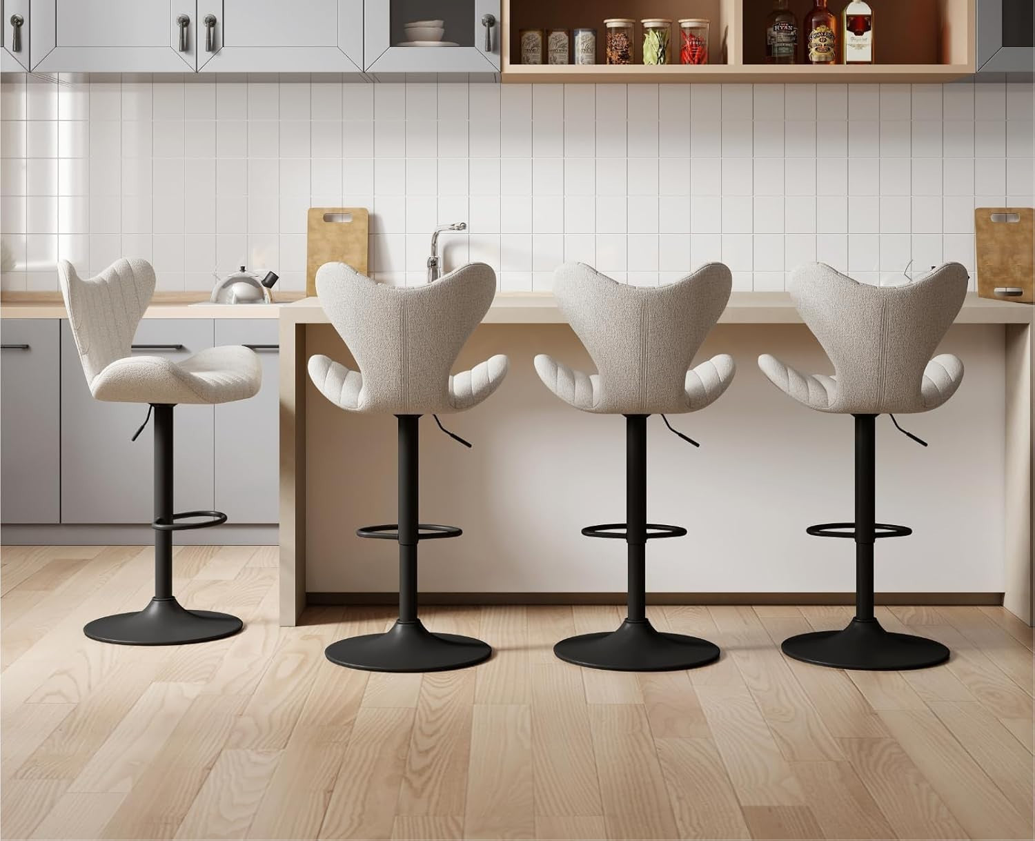 Oatmeal Wing-Back Bar Stools Set of 2 | Chenille Seat, Swivel & Adjustable