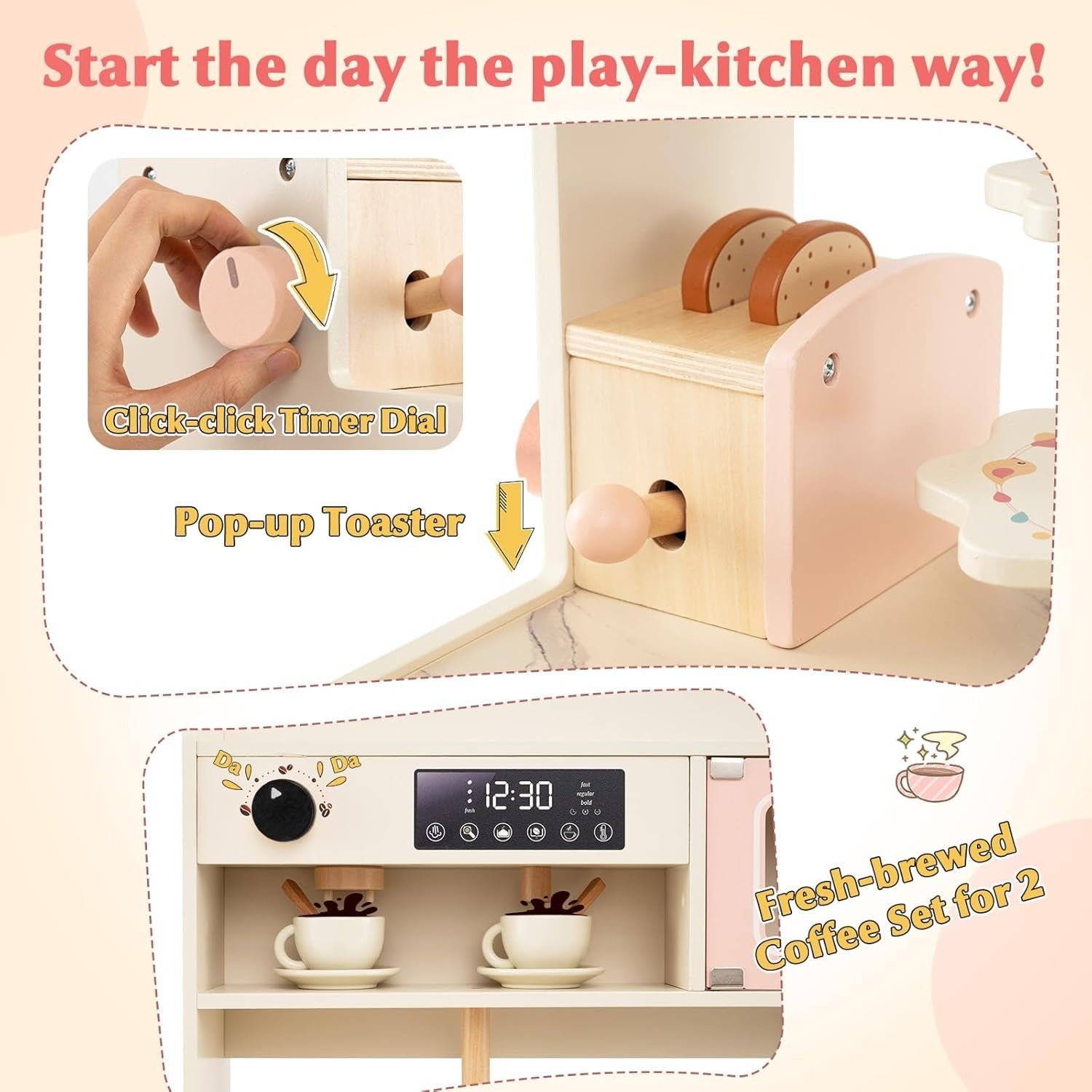 Kids Wooden Play Kitchen Light Sound Coffee Machine Toaster Pink Toy