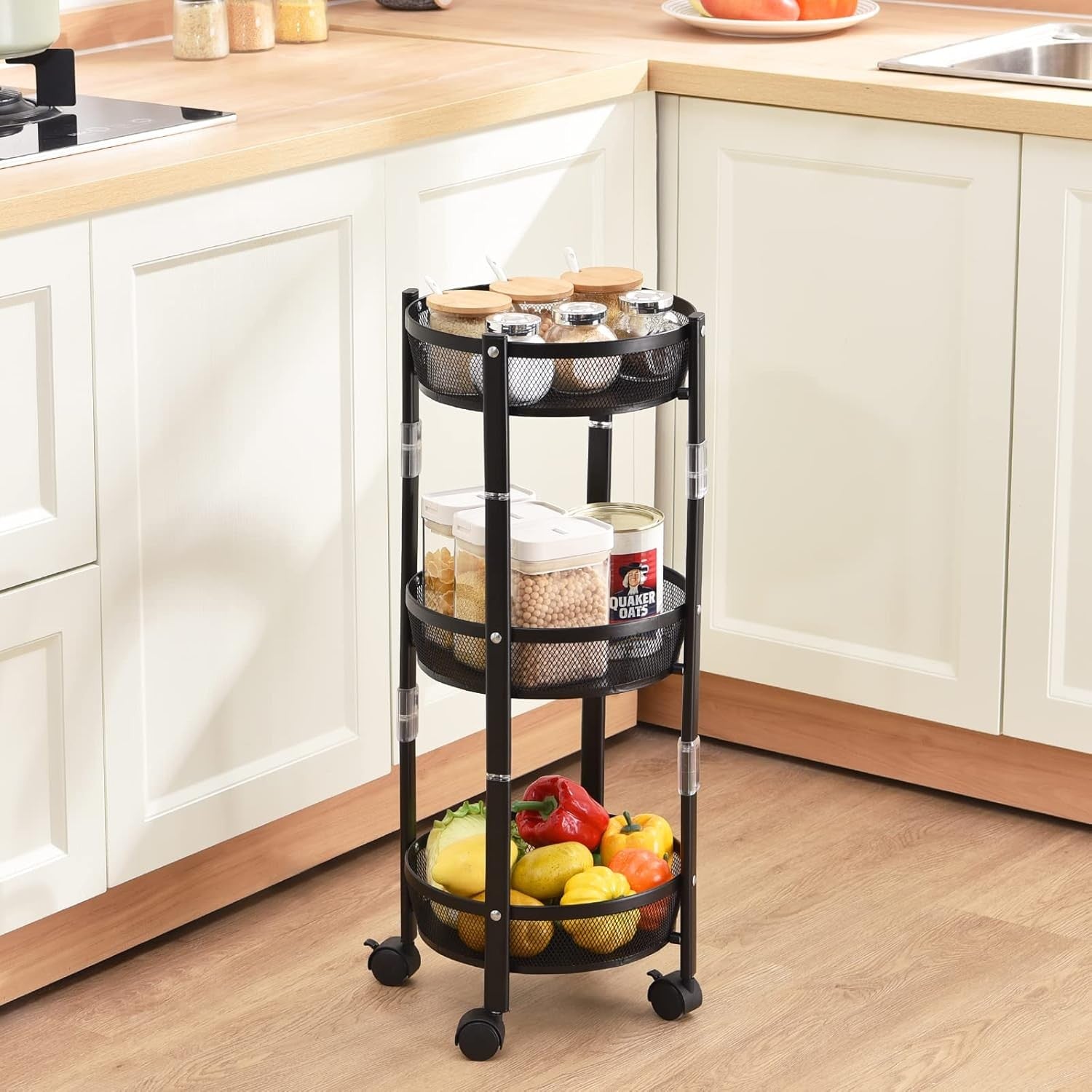 3 Tier Foldable Rolling Storage Cart Metal Trolley Lockable Wheels