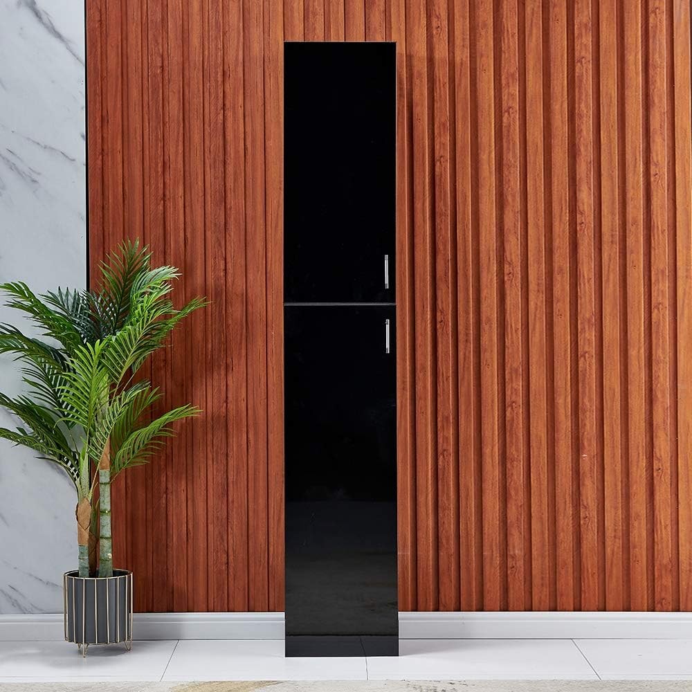 Black Tall Slim Cupboard High Gloss Storage Cabinet 2 Door 4 Shelf Unit