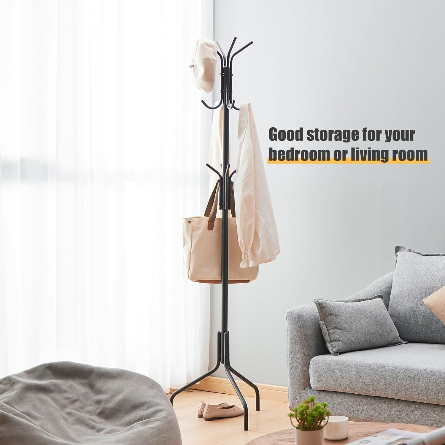 Black Metal Coat Rack Freestanding with 12 Hooks | Hat & Scarf Organizer