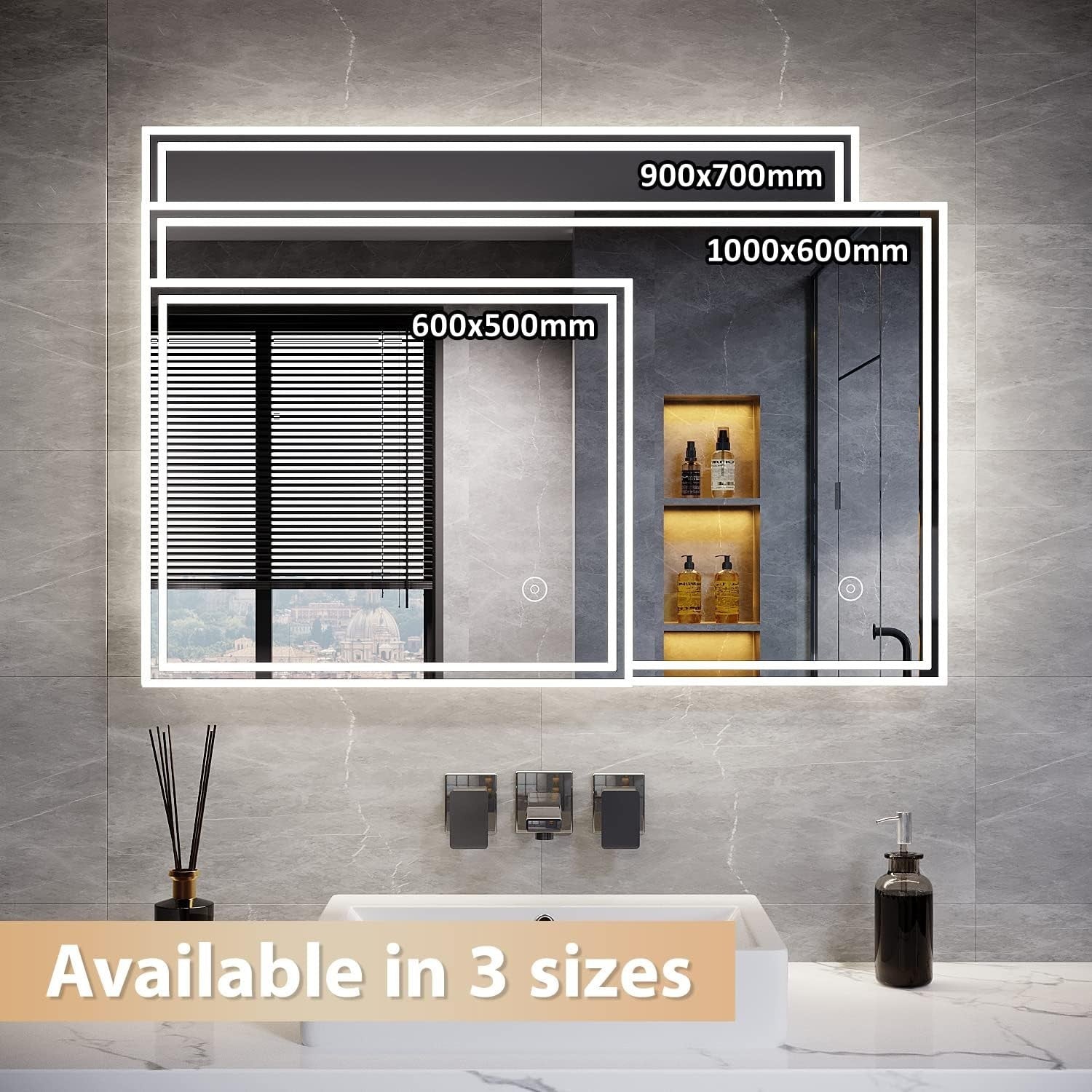 LED Bathroom Mirror 60x50cm Anti-Fog Wall Mount, Dimmable Light, Waterproof