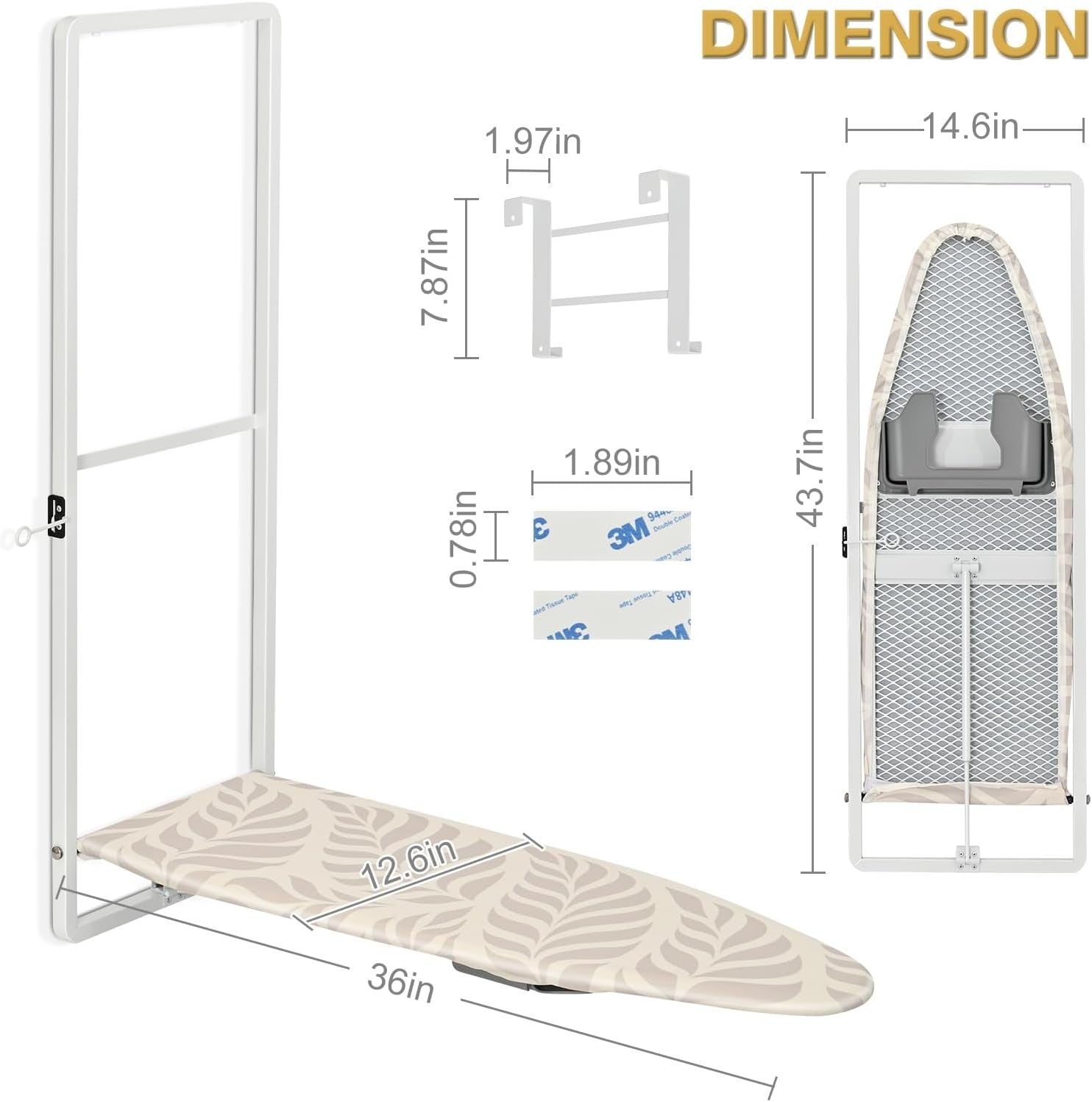 Over Door Folding Ironing Board White 36x12in Hanging Space Saving
