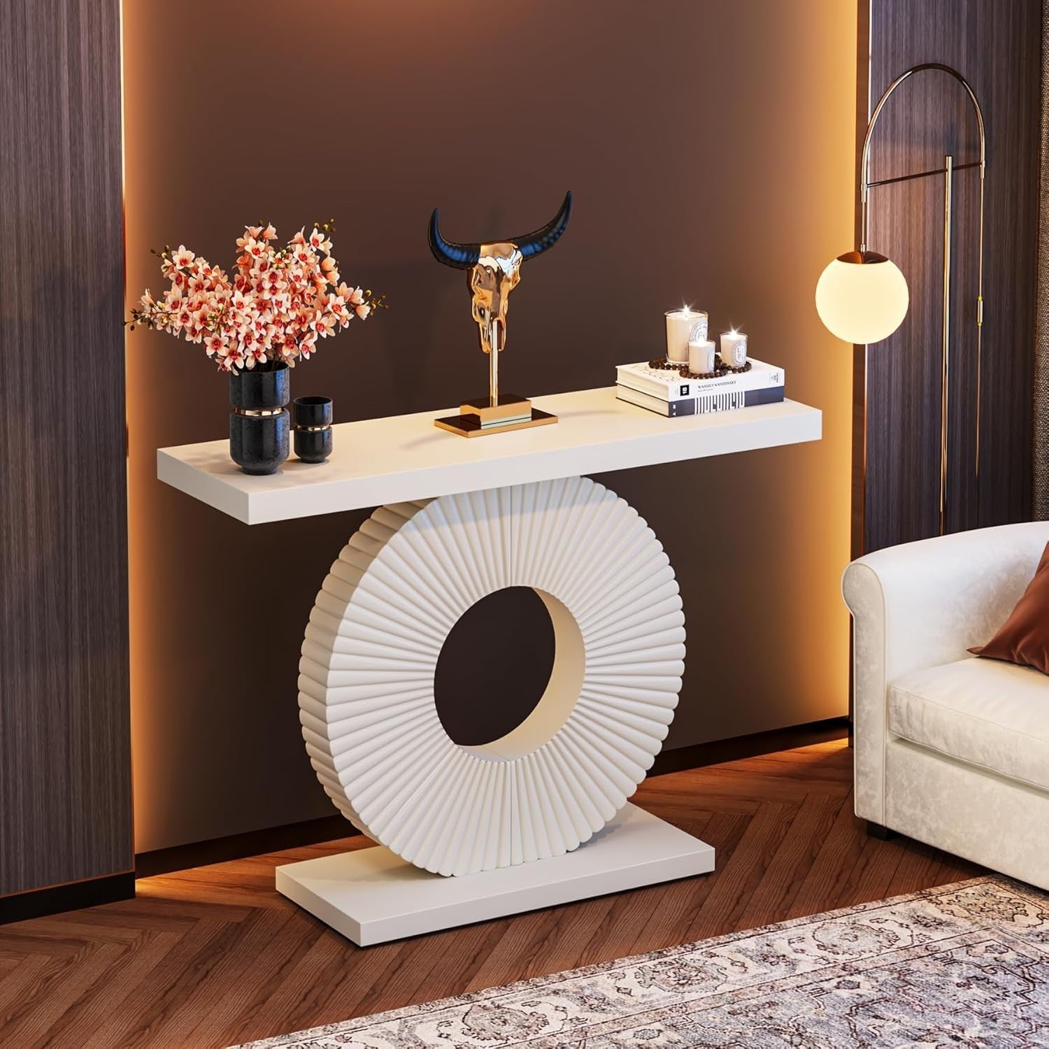 Modern White Hallway Console Table with Flower Base | Slim Entryway Design