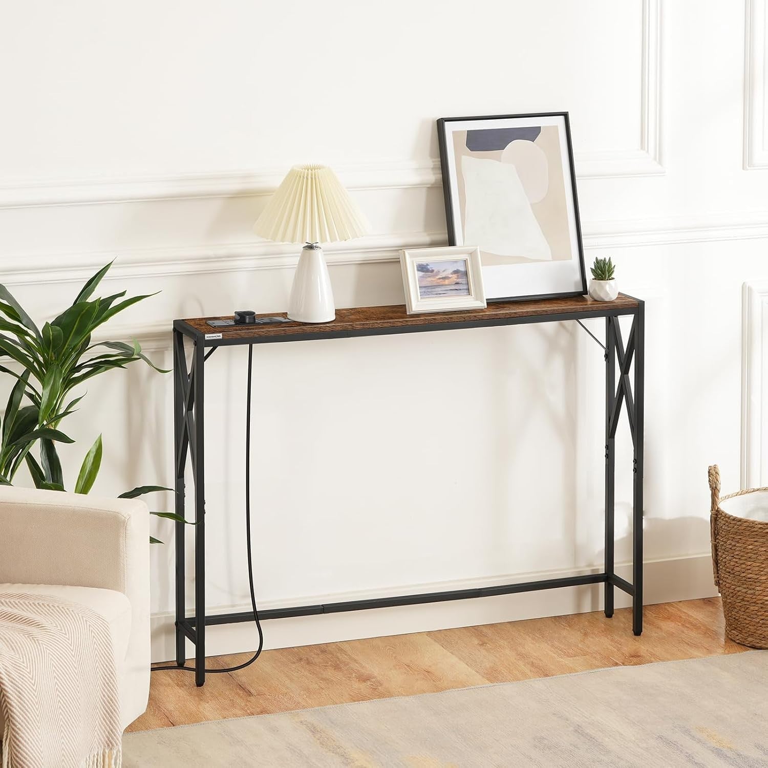 Rustic Console Table with USB Charging Ports – Slim 100cm Hallway Desk