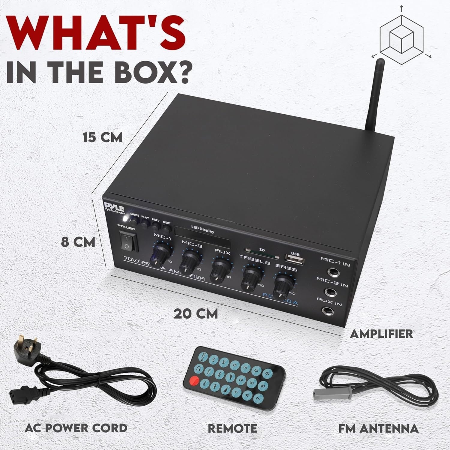 40W Mini PA Amplifier Stereo Receiver AUX 2 Mic 70V 8 Ohm