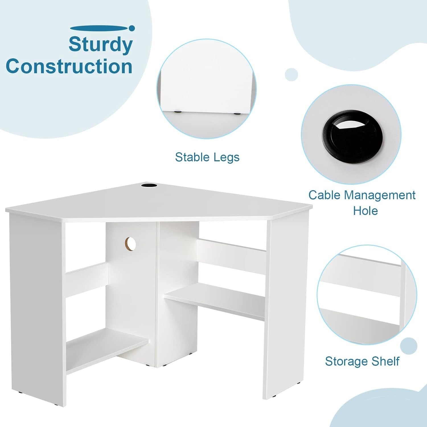 White Corner Computer Desk with Shelves & Cable Holes, Space-Saving 120cm