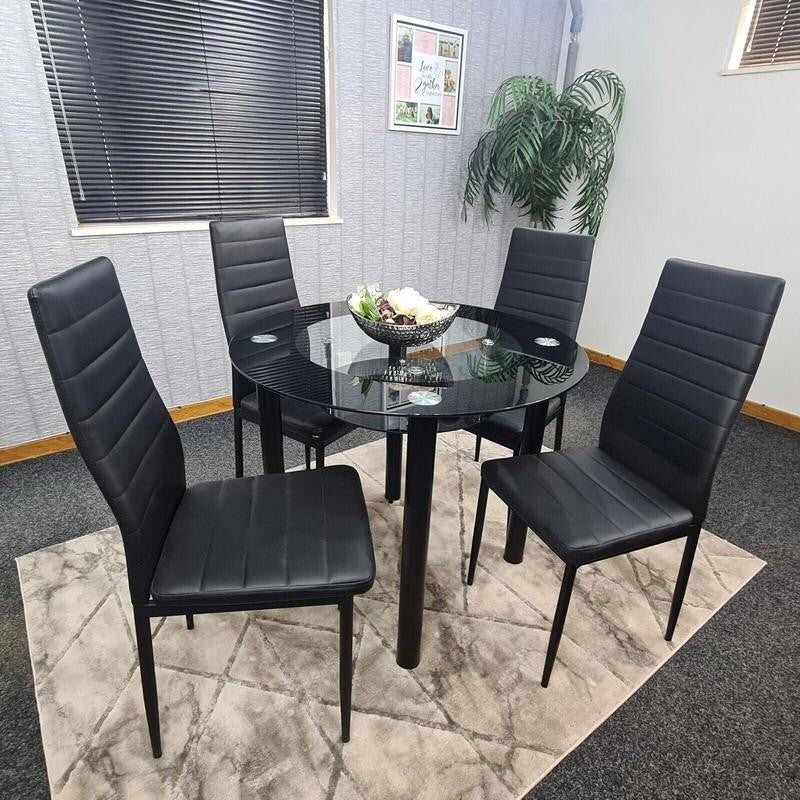 Round Glass Dining Table Set with 4 Faux Leather Chairs Black Modern