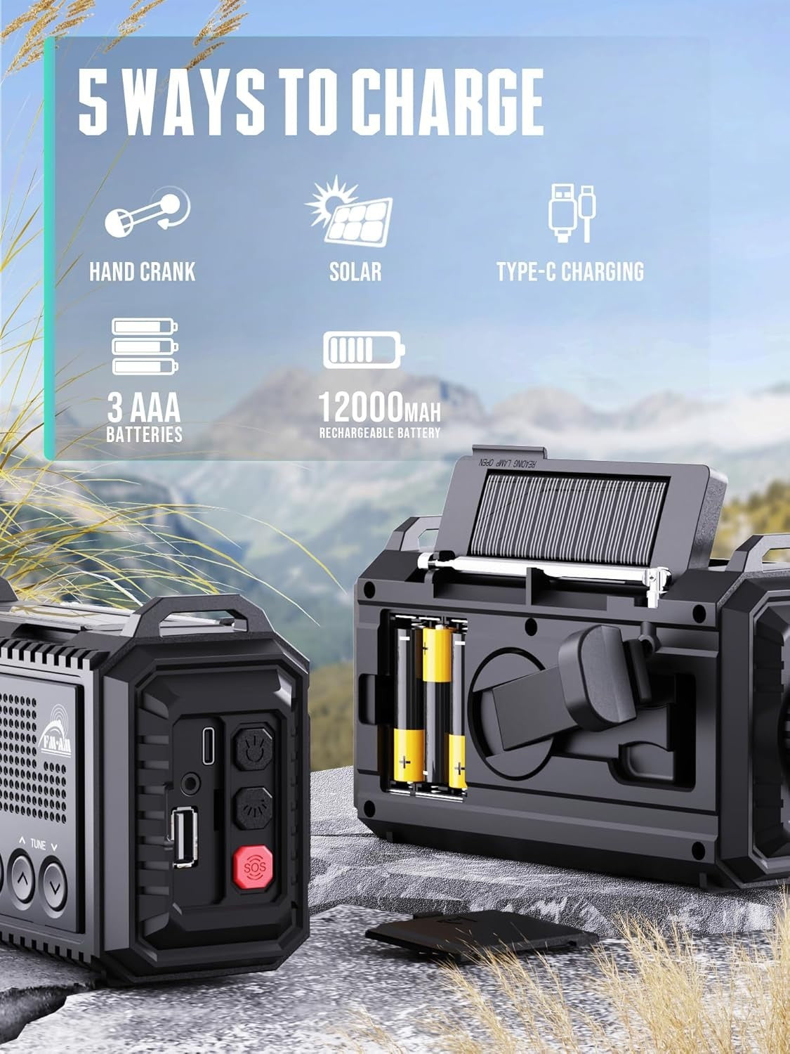 Emergency Wind Up Solar Radio AM/FM/SW 12000mAh Waterproof