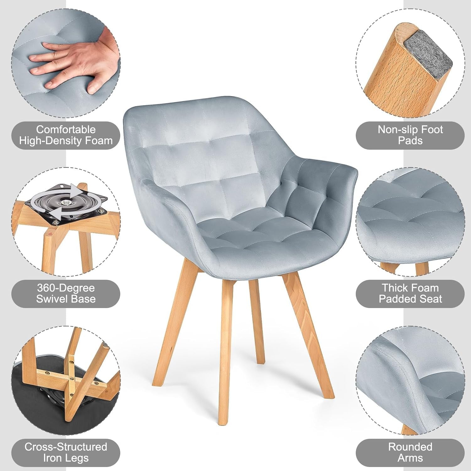 Grey Velvet Swivel Armchair Tub Chair Wooden Legs