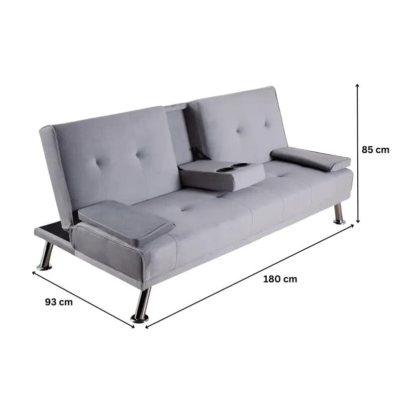 Grey Velvet Sofa Bed 3 Seater Fold Out Couch w/ Cup Holders & Armrests