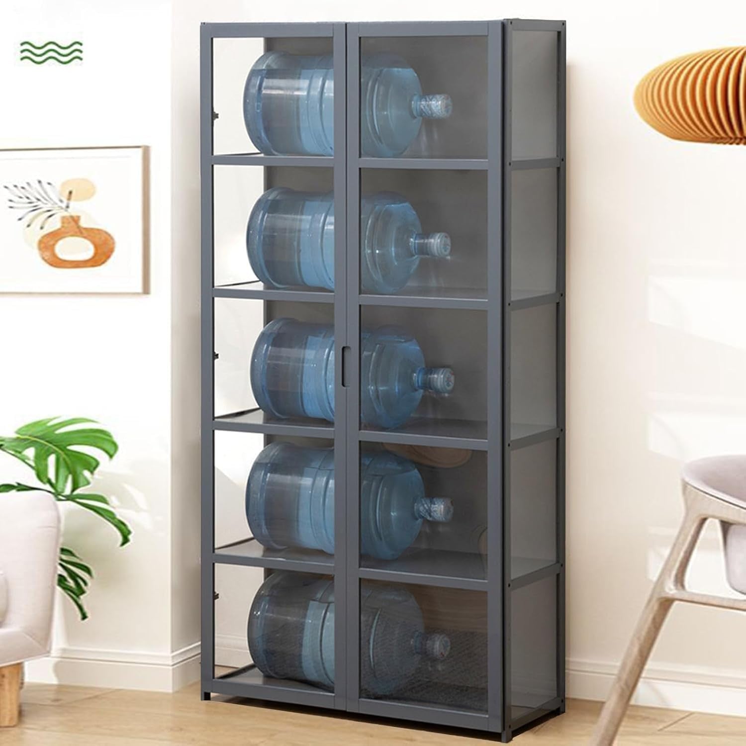 5 Tier LED Display Cabinet with Acrylic Flip Doors | Tall Bamboo Curio Shelf for
