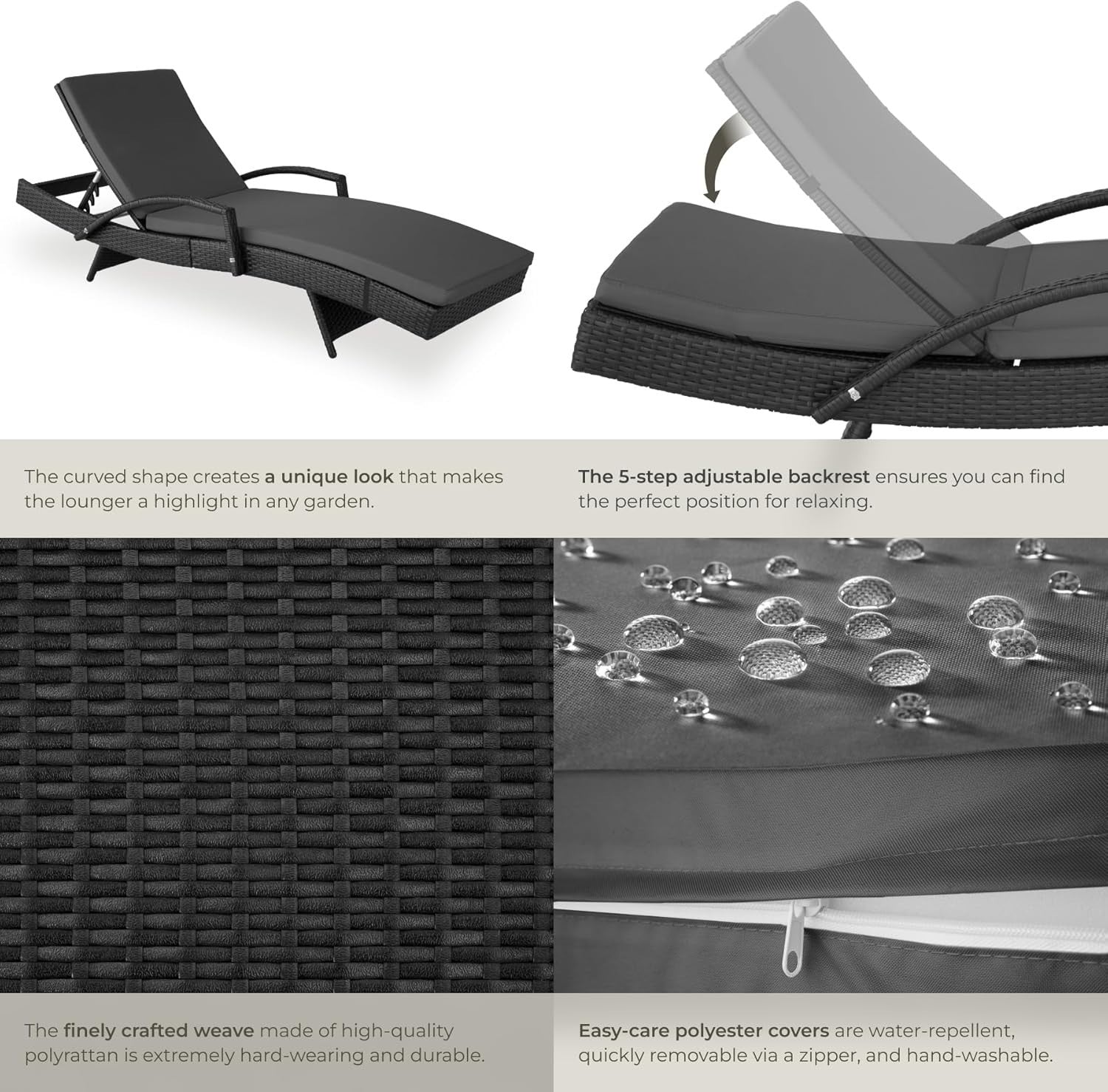 Rattan Sun Lounger 5-Position Recliner Chair Garden Bed Cushioned Weatherproof