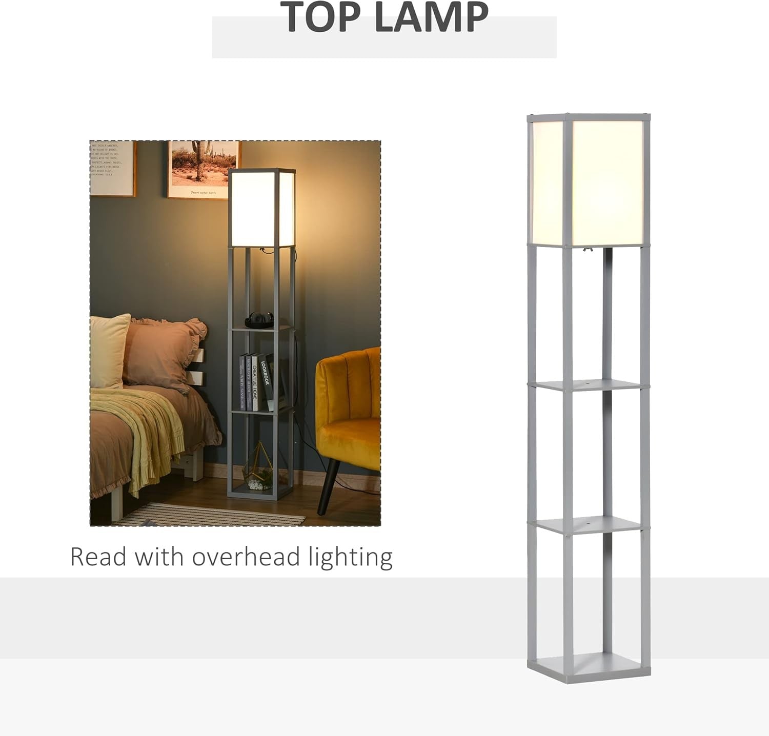 Floor Lamp with Shelves Storage Modern Standing Light Grey 3 Tier 160cm