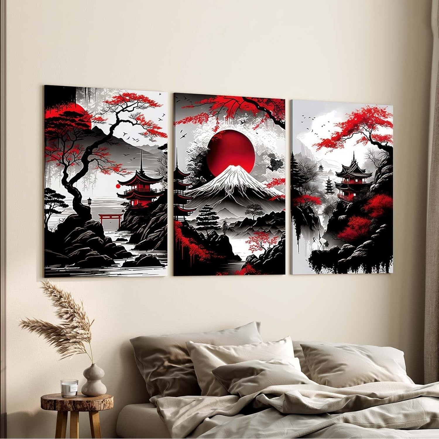 Japanese Style Canvas Wall Art Set of 3 Framed Prints 12x16 Modern Decor