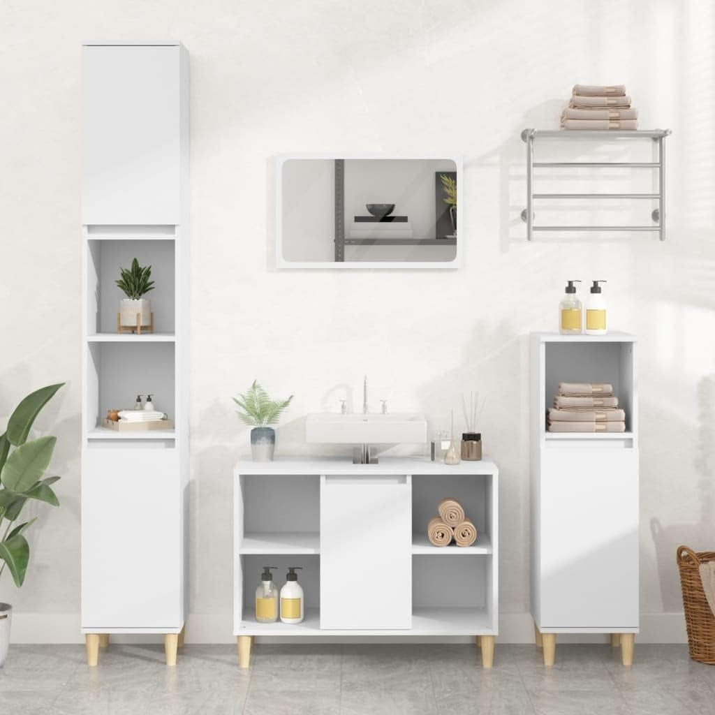 White Bathroom Sink Cabinet with Storage – Nordic Style Unit, Wooden Legs 80cm