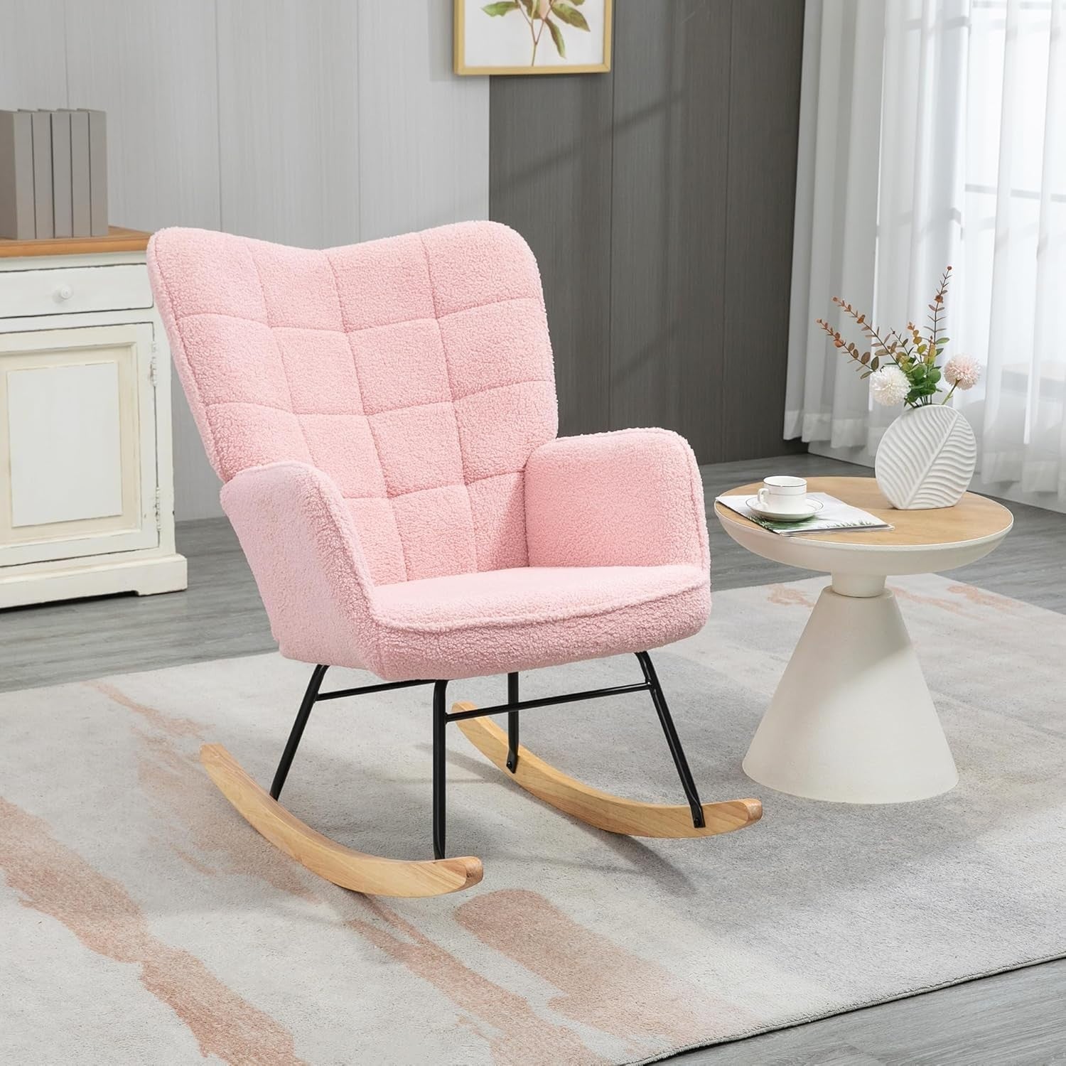 Pink Rocking Chair for Nursery, Tufted Armchair Fleece Upholstery, 71x98cm