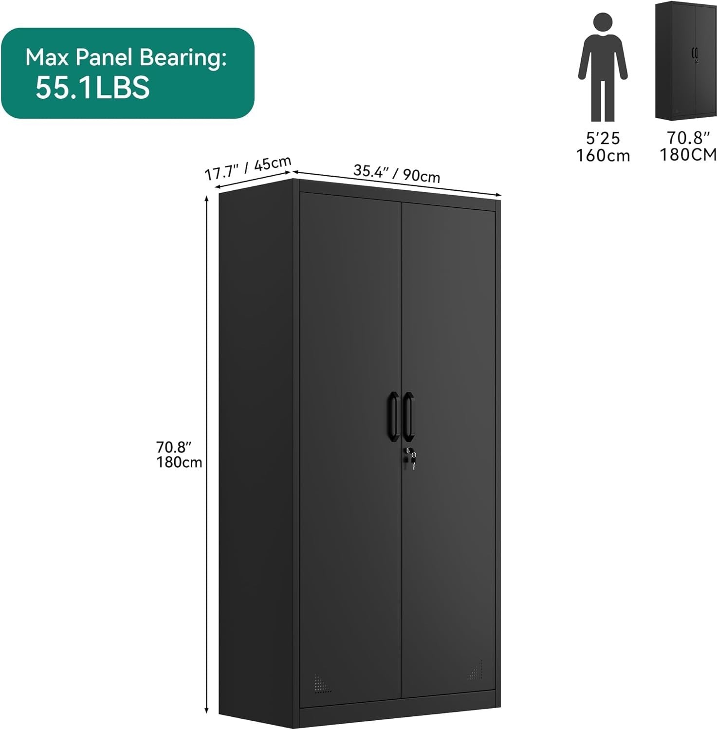 Tall Metal Storage Cabinet Lockable Filing Cabinet 4 Adjustable Shelves Black