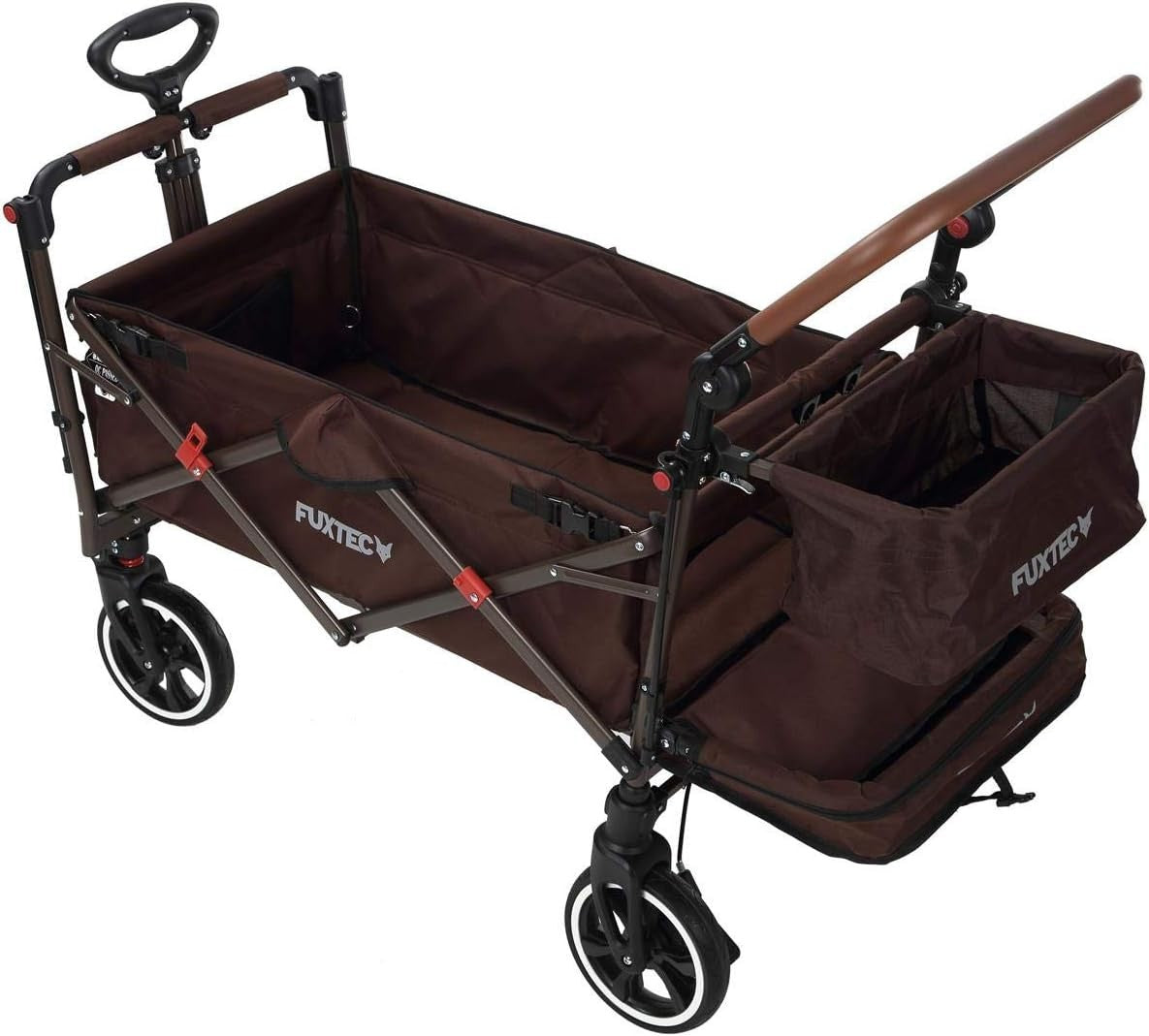Brown Folding Stroller Wagon Kids Push Pull Cart w/ Canopy & Safety Harness