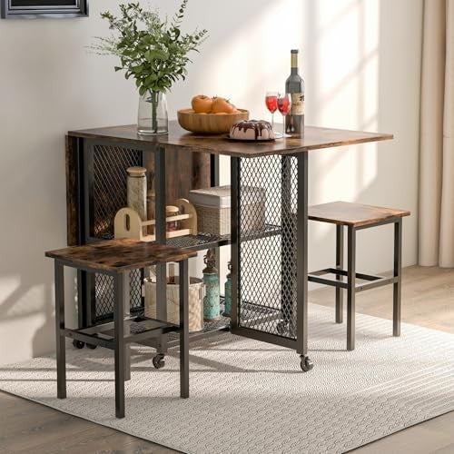 Drop Leaf Folding Dining Table Set with Stools Storage Shelves Space Saving