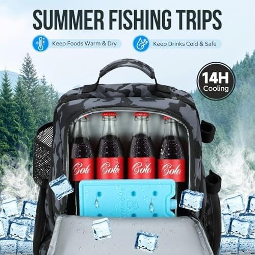 Large 45L Water-Resistant Fishing Backpack with Rod Holders & Cooler
