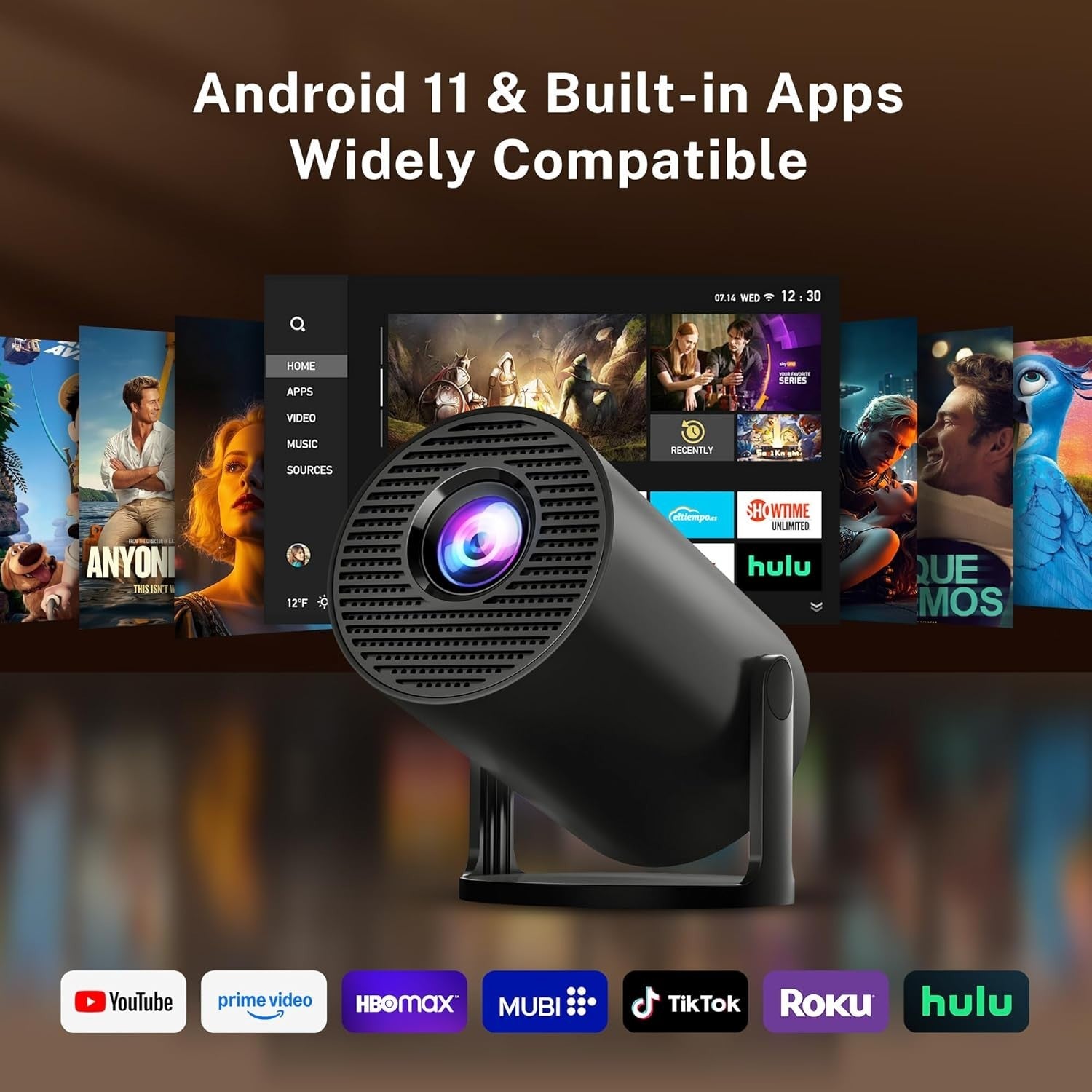 WiFi6 Android Mini Projector 1080P 4K Support 180° Bluetooth