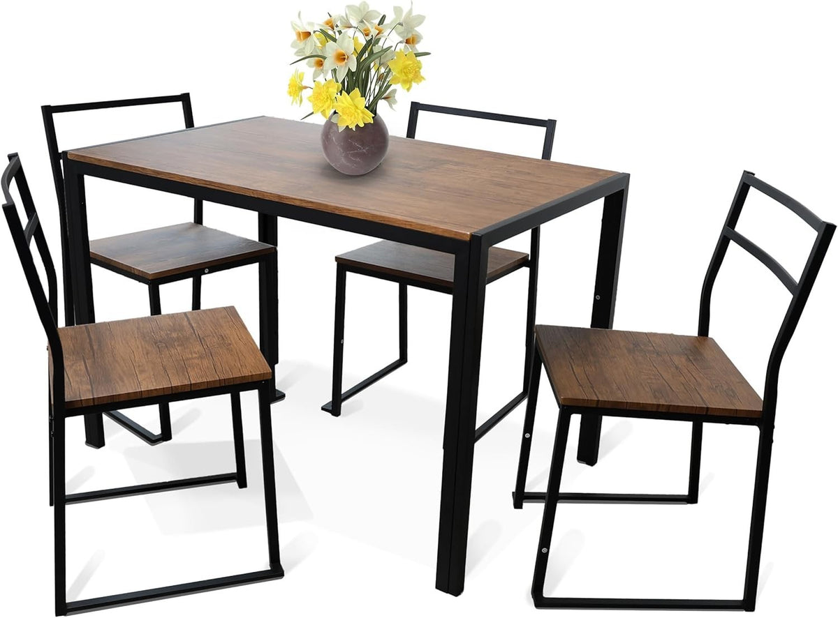 5-Piece Dining Table & Chairs Set with Storage Shelf, Modern Metal Dining Set