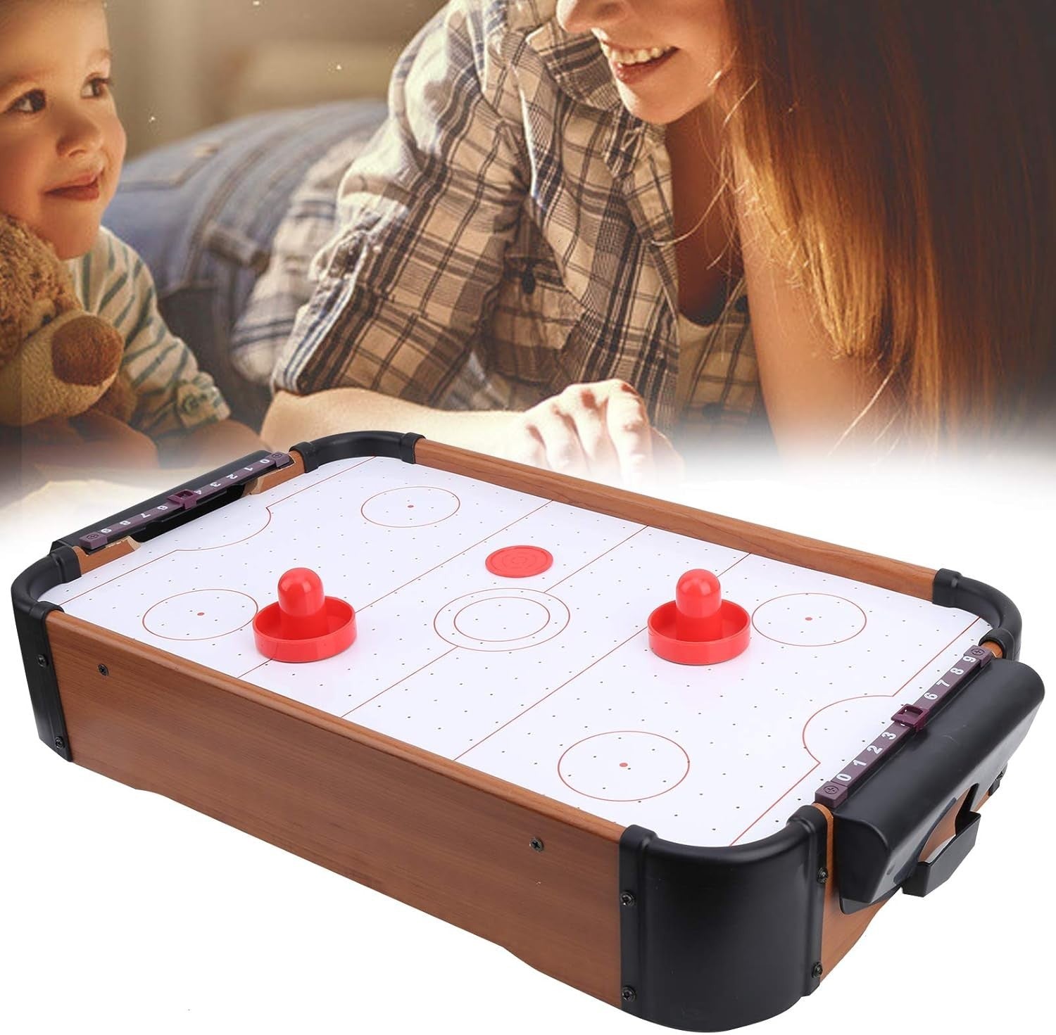 Portable Tabletop Air Hockey Game Wooden Battery Powered Family Fun