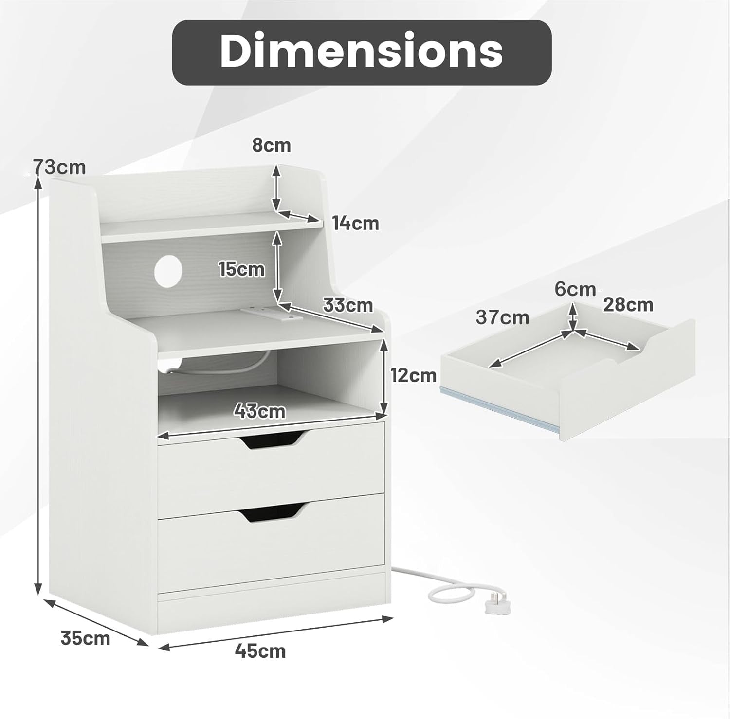 White LED Bedside Table with Charging Station, Drawers & RGB Storage Shelf