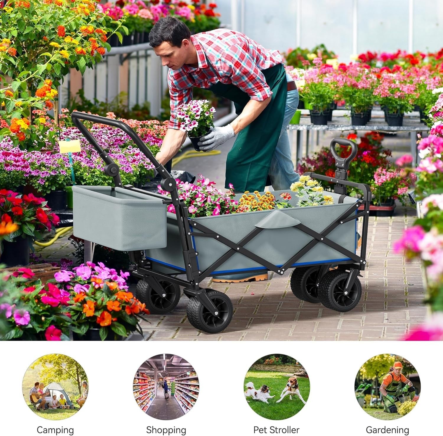 Grey Folding Beach Wagon Cart w/ Canopy Push Pull Large 220lb Capacity