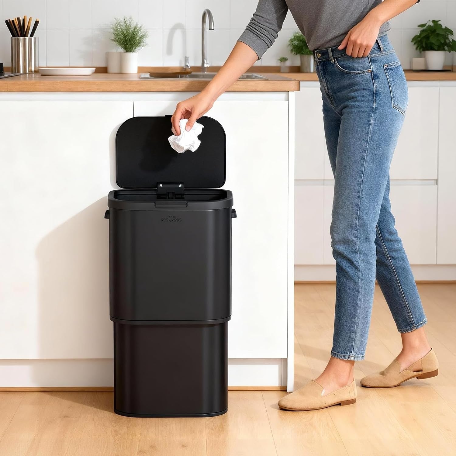 Large 70L Kitchen Trash Bin Black Stainless Steel Soft-Close Rubbish Can