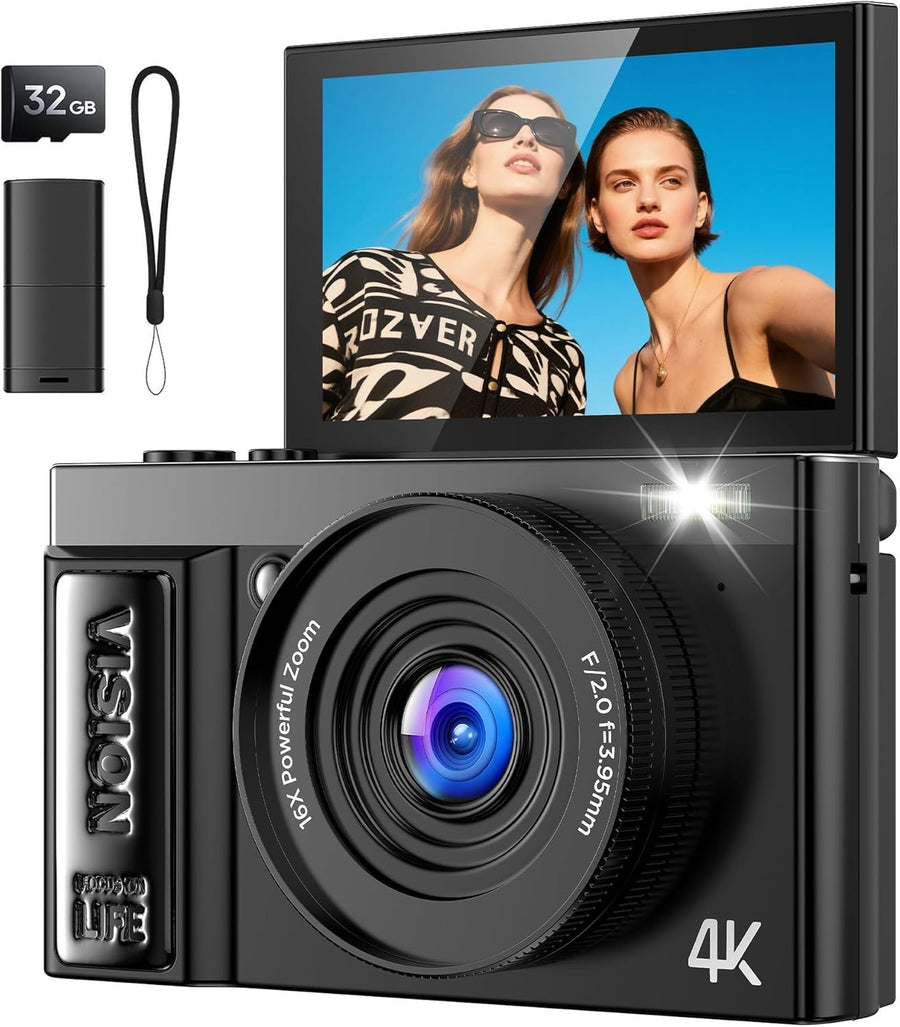 4K 64MP Vlogging Camera Flip Screen 16X Zoom Compact Digital Cam