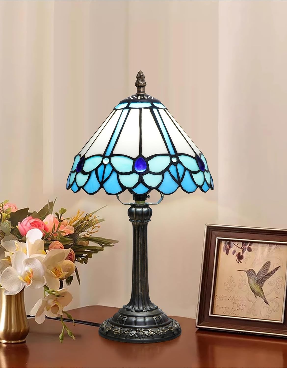 Blue Butterfly Stained Glass Table Lamp | LED Bedside Desk Light 8x8x14 Inch