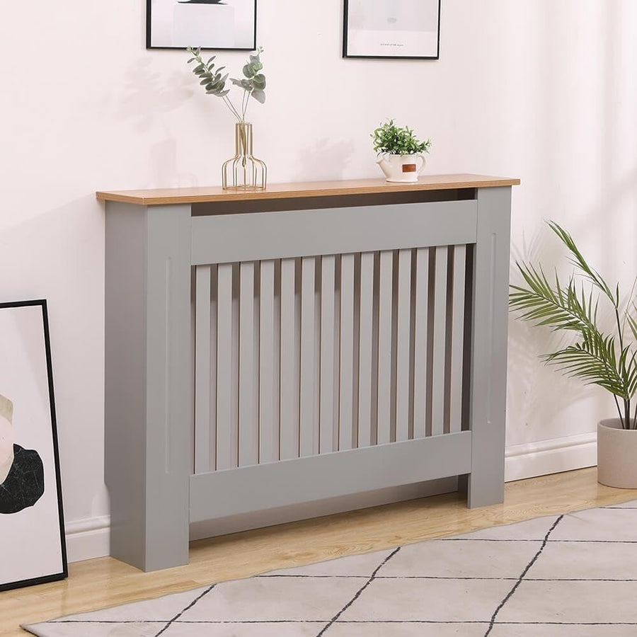 Grey Oak Radiator Cover Wooden Slatted Grill Cabinet Shelf 112x19x82cm