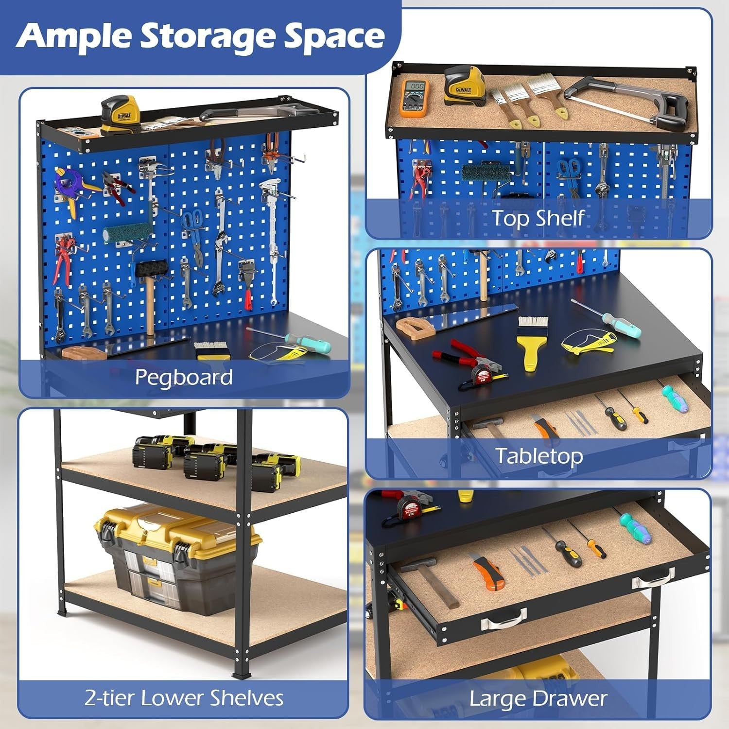 Heavy Duty Workbench 81x41x156cm Navy Pegboard Shelves Drawer 290kg Capacity
