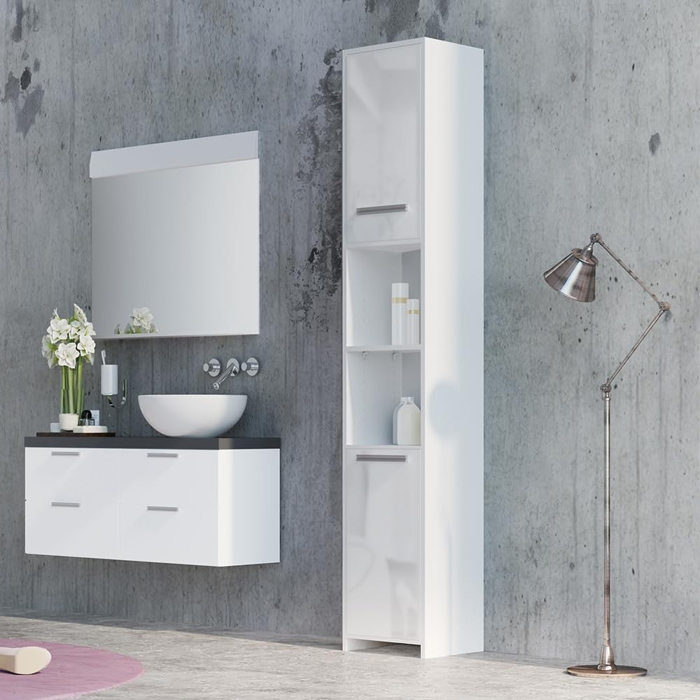 Tall White Gloss Bathroom Storage Cabinet with Shelves & Doors, 30x190 cm
