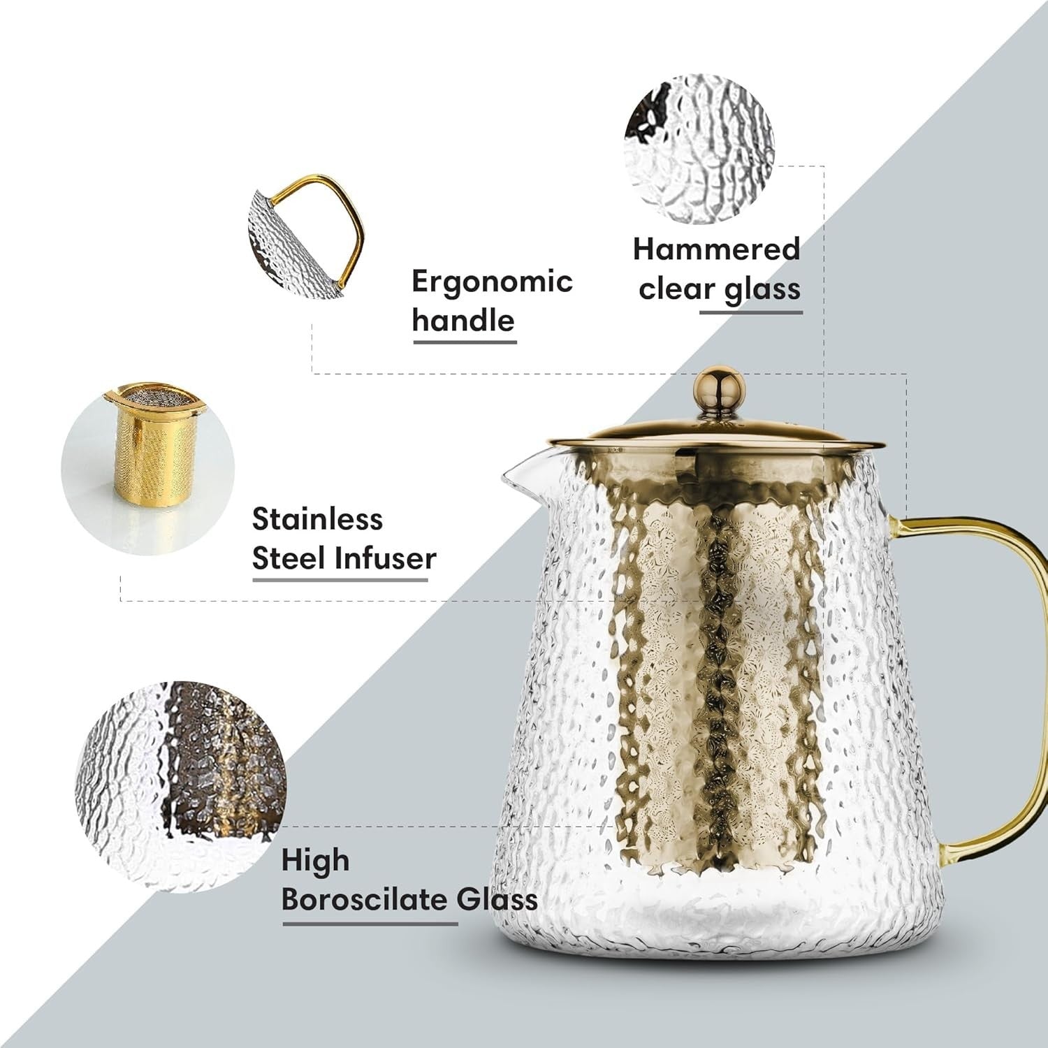 Glass Teapot with Infuser 900ml Loose Leaf Tea Maker 4 Cup Gold