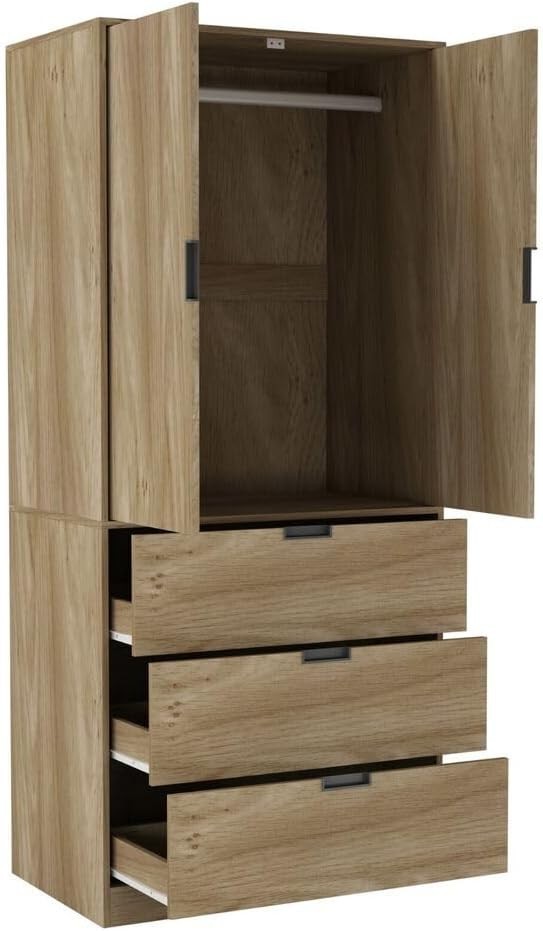 Modern Oak 2-Door Wardrobe with 3 Drawers, Clothes Rail & Spacious Storage