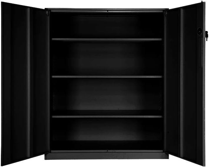 Metal Lockable Storage Cabinet Black, 2 Door Office Cupboard, 4 Shelves, 109cm