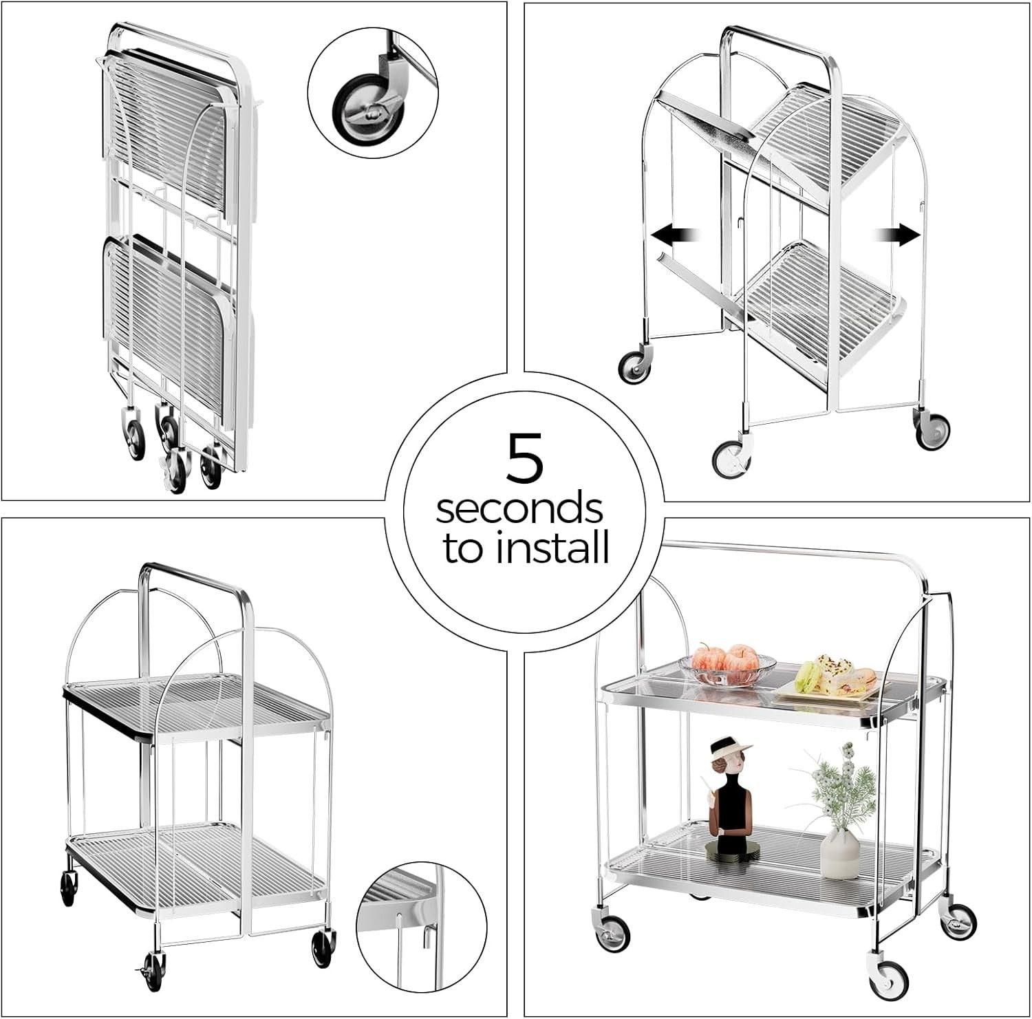 Folding Acrylic Bar Cart 68cm 2 Tier Glass