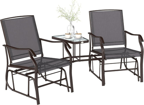 2 Seater Garden Glider Rocking Chairs Set w/ Glass Table & Mesh Seats