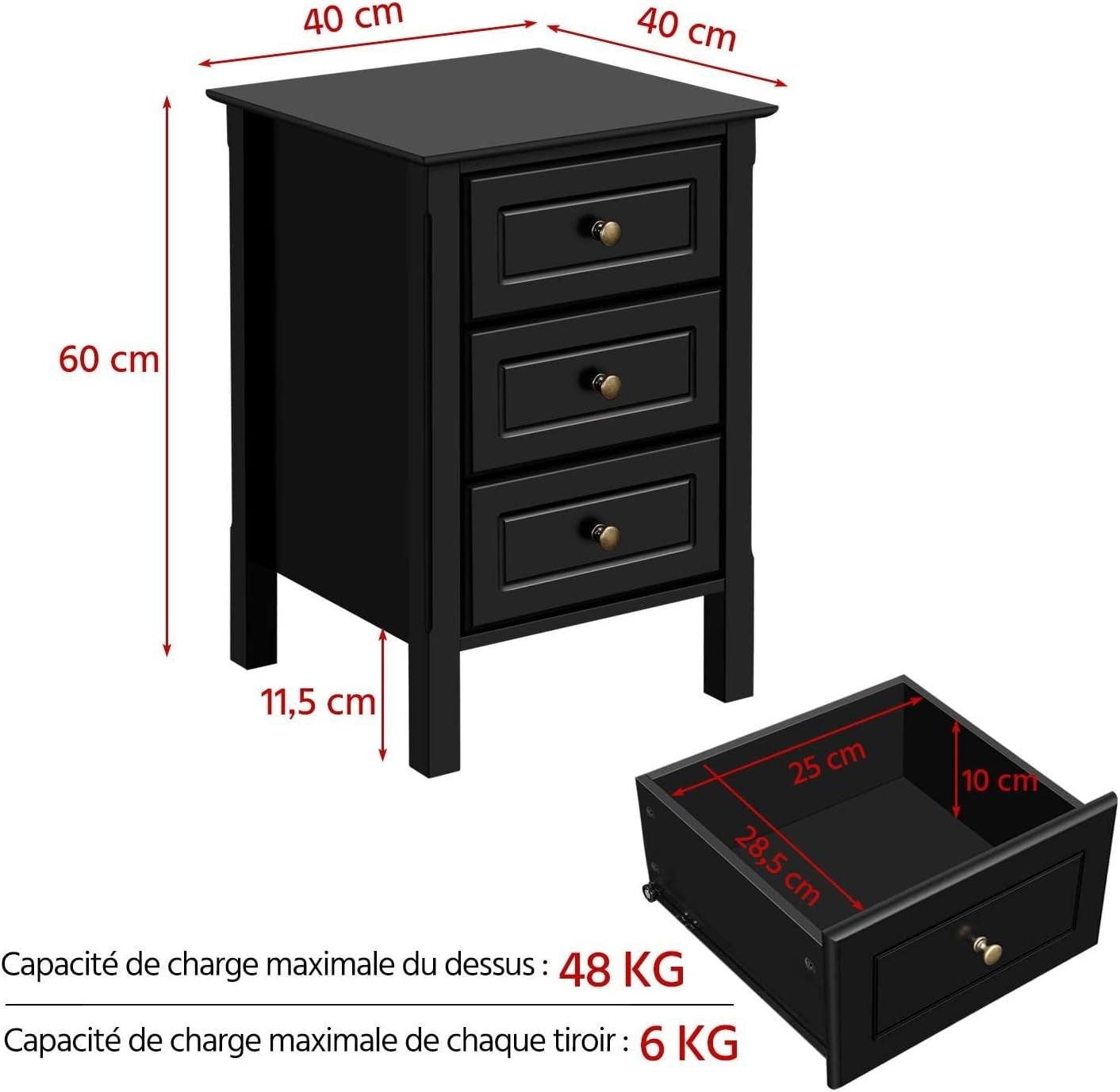 Set of 2 Black Bedside Tables with 3 Drawers, Wooden Nightstands 40x40x60cm