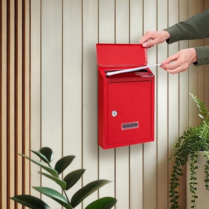 Lockable Wall Mounted Mailbox Red Steel Weatherproof Post Box Easy Install