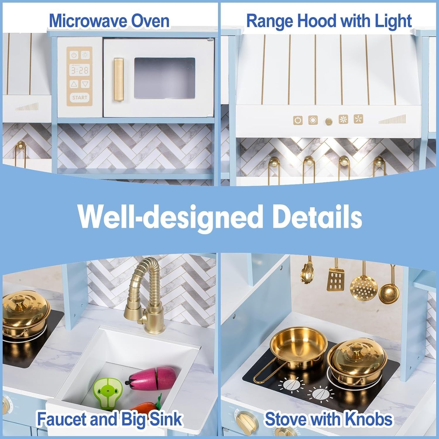 Wooden Kids Play Kitchen Blue Ice Maker Coffee Machine Toy Set