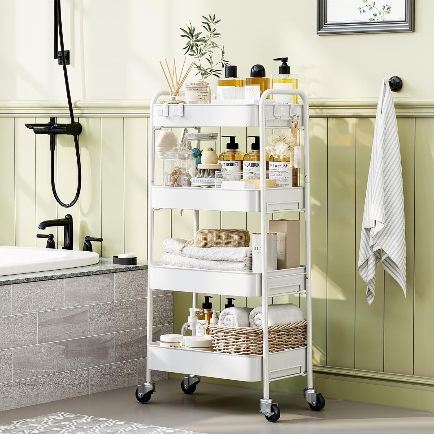 4 Tier Rolling Storage Cart Metal Utility Trolley Organizer Wheels
