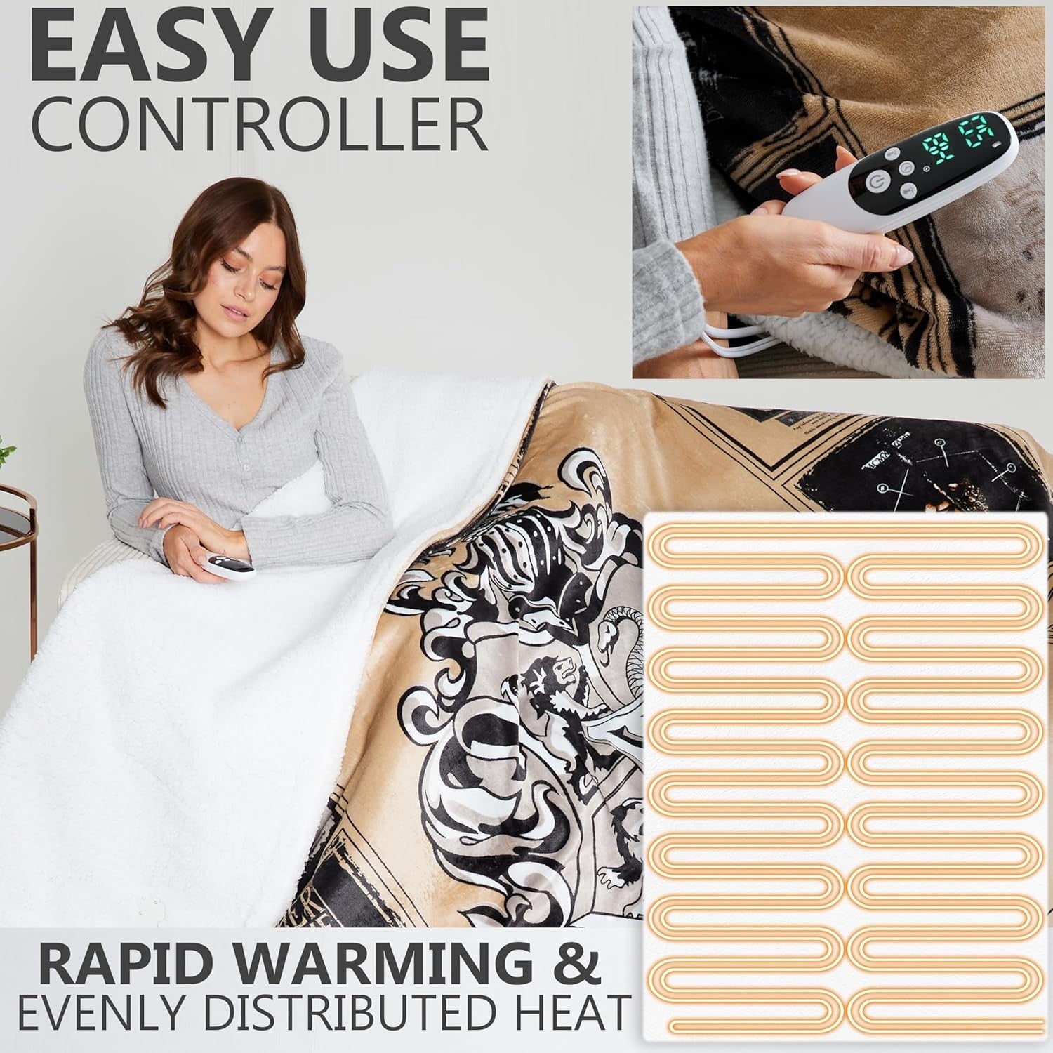 Electric Heated Blanket Double 150x200cm Sherpa 9 Heat Timer
