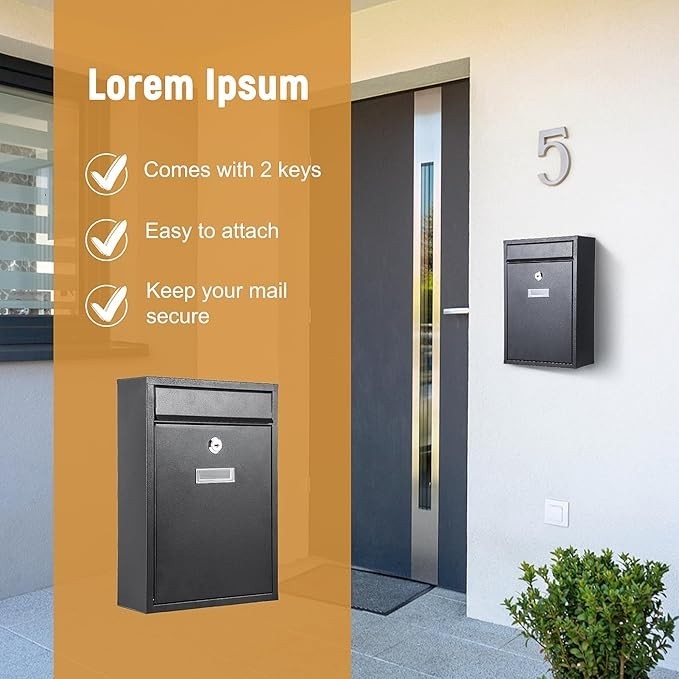 Lockable Wall Mounted Mailbox Black – Weatherproof Steel Post Box Outdoor Use